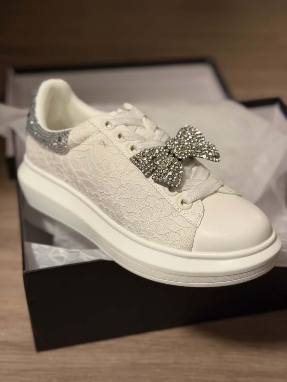 Cape Robbin White Platform Sneakers Rhinestone Bow Lace